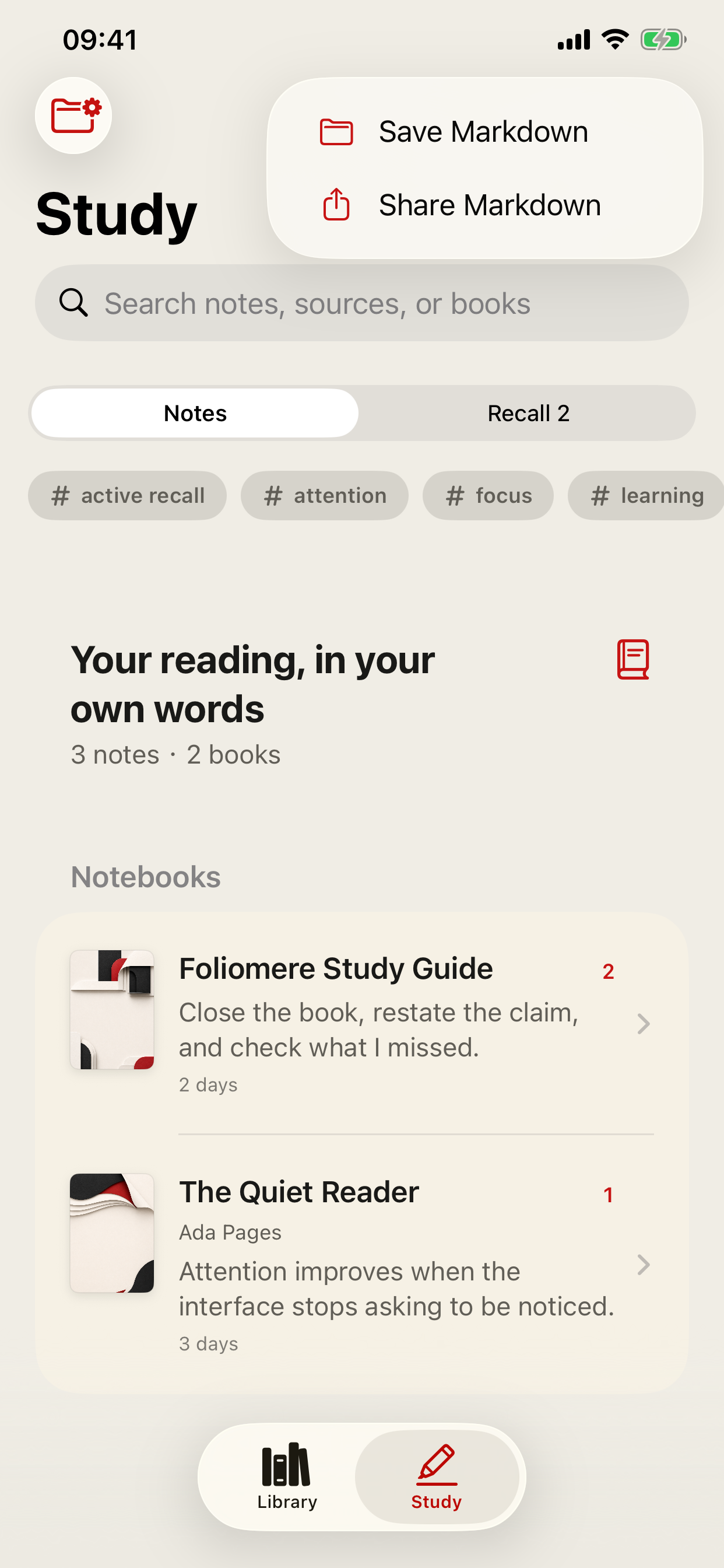 Foliomere Study export menu showing Save Markdown and Share Markdown