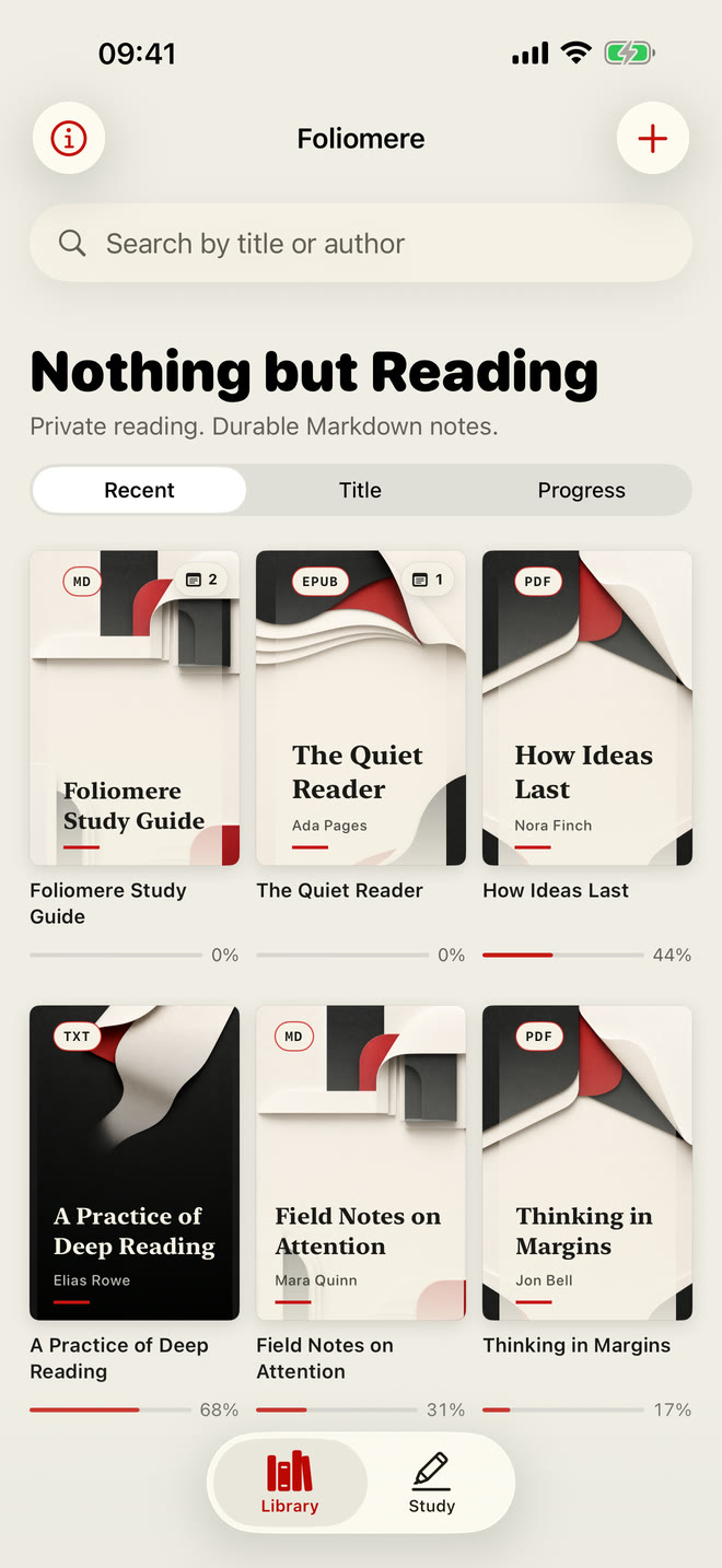 Foliomere library showing EPUB, PDF, TXT, and Markdown books in a compact shelf