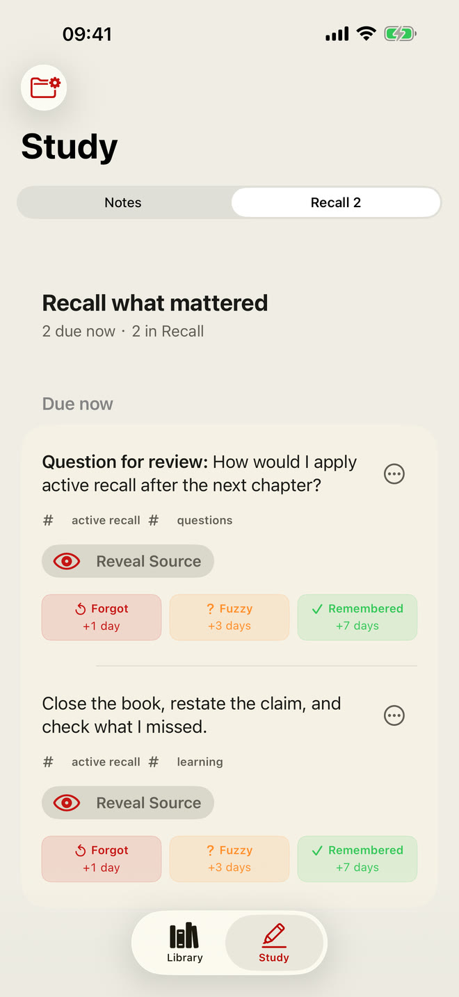 Foliomere Recall queue showing active notes, tags, source reveal, and review outcomes